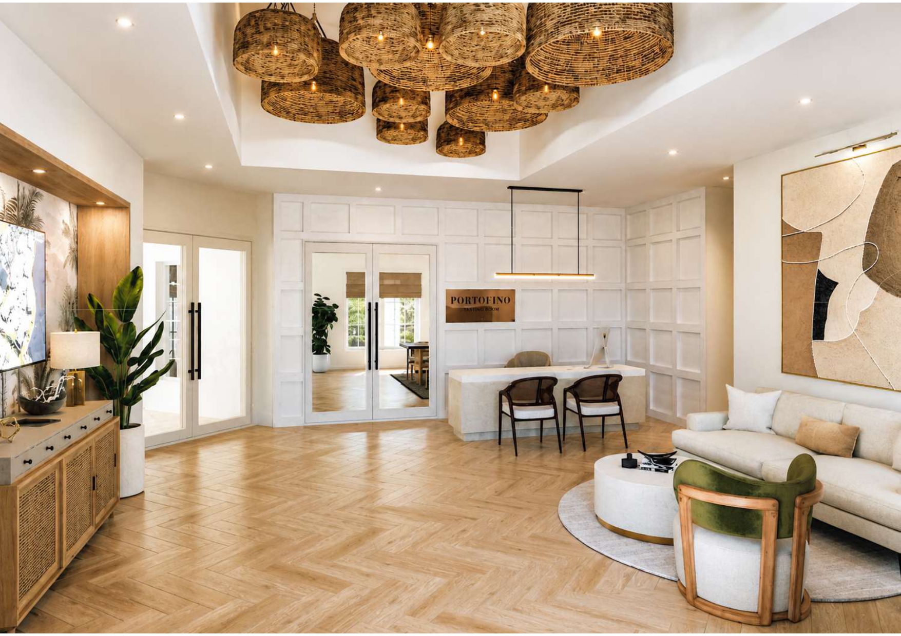 A modern living room with a wooden floor and white walls.