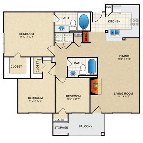 3 bedroom, 2 bathroom