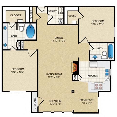 2 bedroom, 2 bathroom with solarium