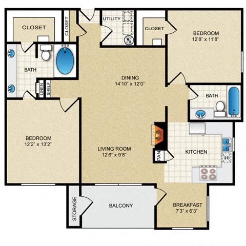 2 bedroom, 2 bathroom