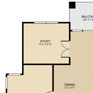1 bedroom, 1 bathroom, study