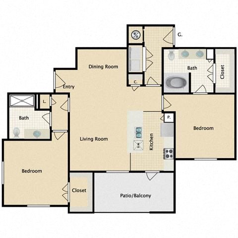 2 bedroom, 2 bathroom
