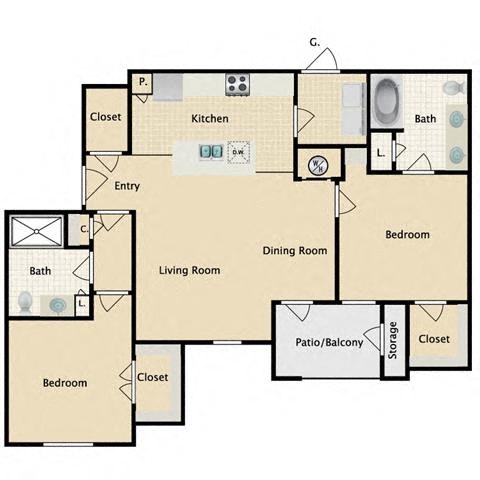2 bedroom, 2 bathroom
