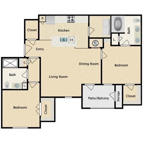 2 bedroom, 2 bathroom