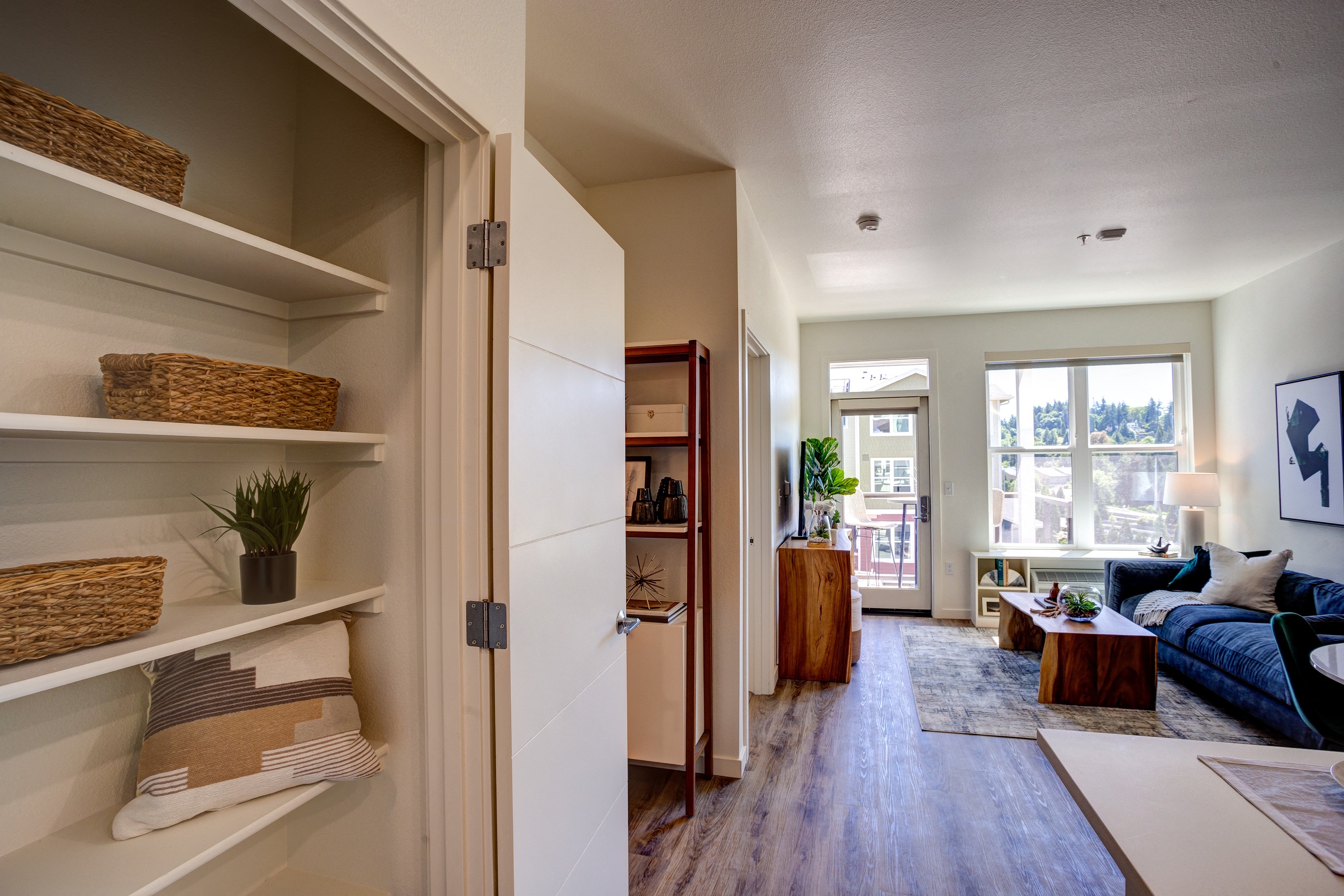the view from the living room into the hallway and living room with a blue couch