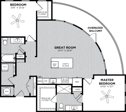 Two bedroom two bathrooms with oversized balcony