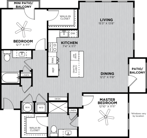 Two bedroom with two bathrooms separated by the kitchen