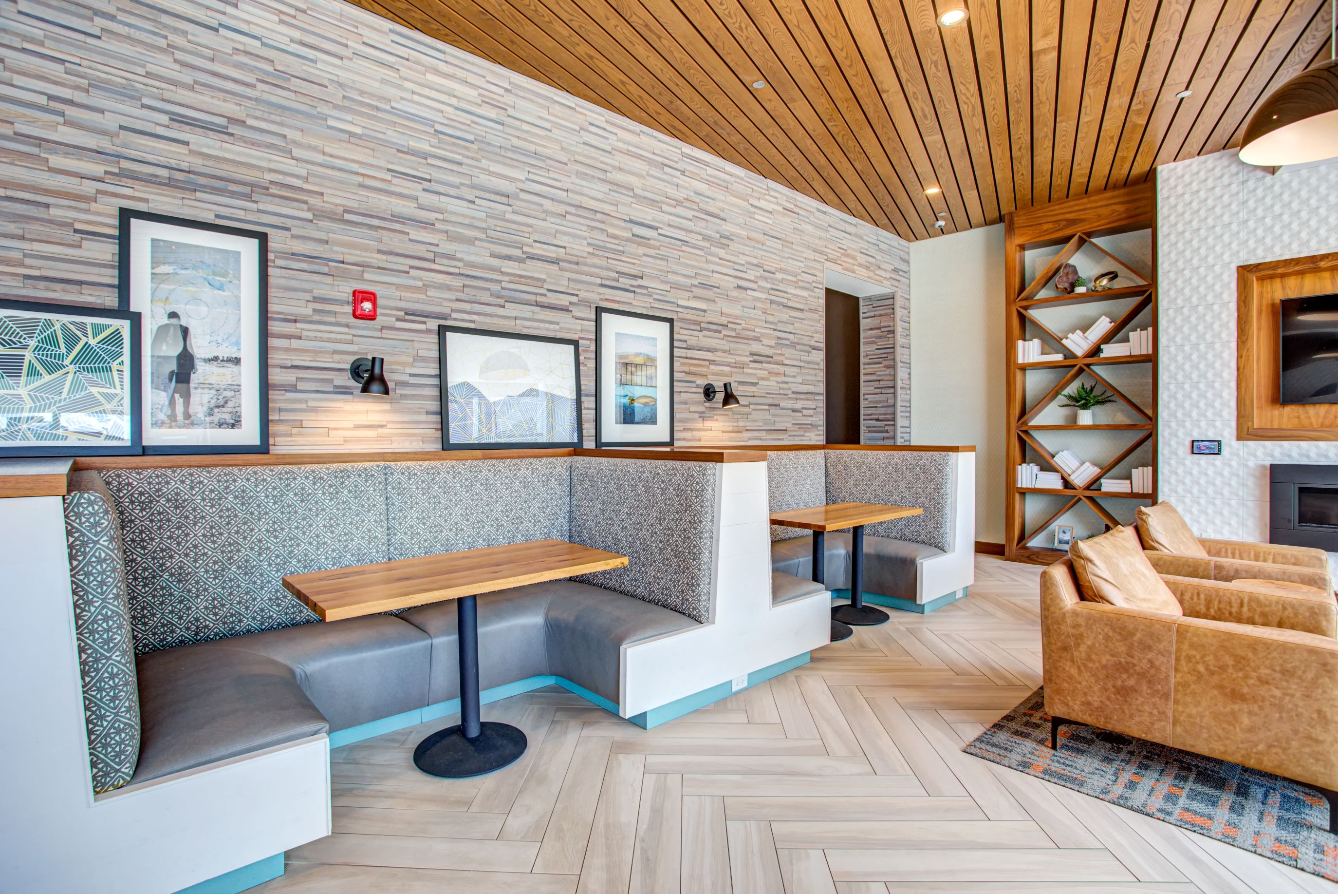 Booth seating in the lounge space at Eleven40, Illinois, 60605