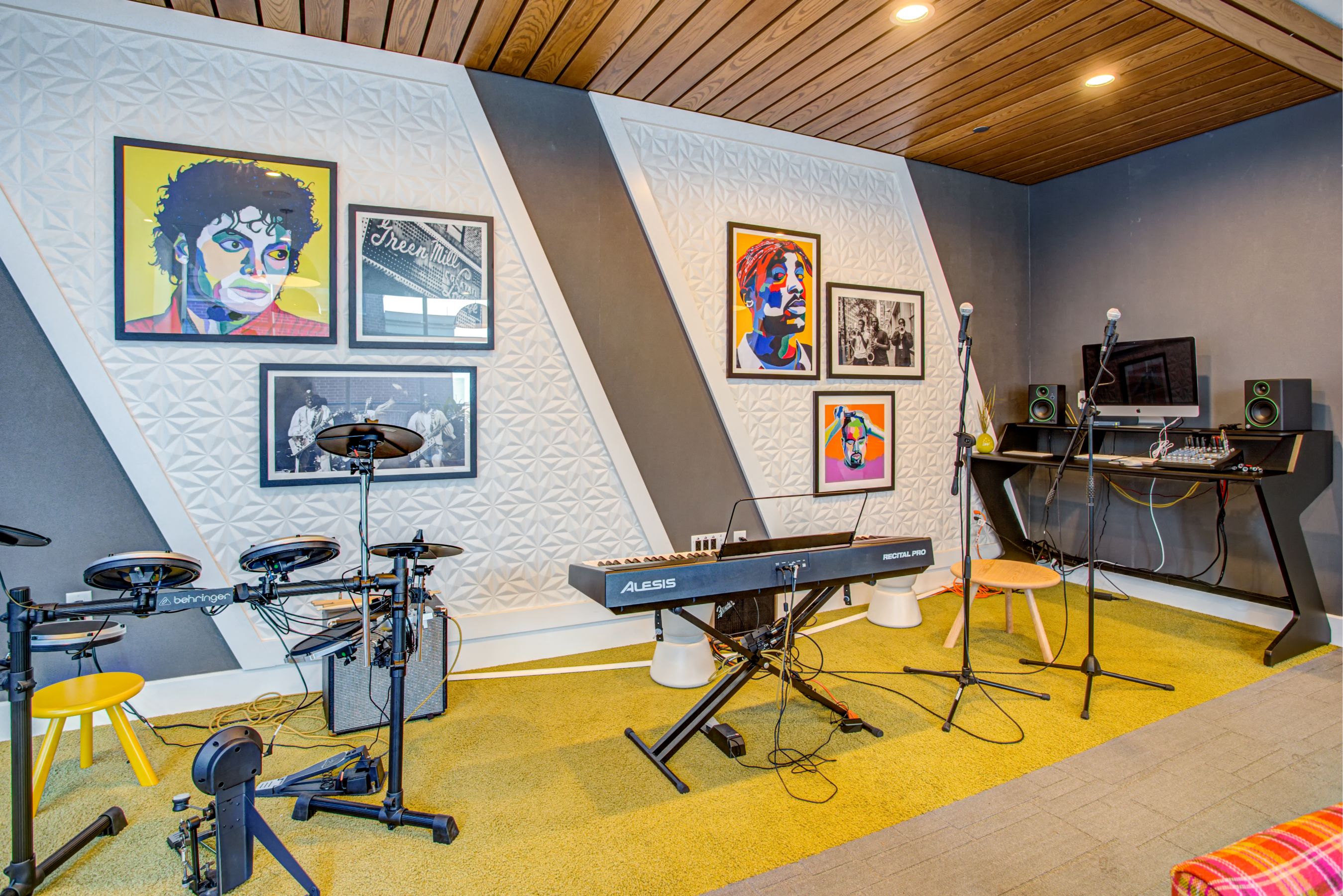 Entertainment jam room with musical instruments and recording equipment at Eleven40, Illinois