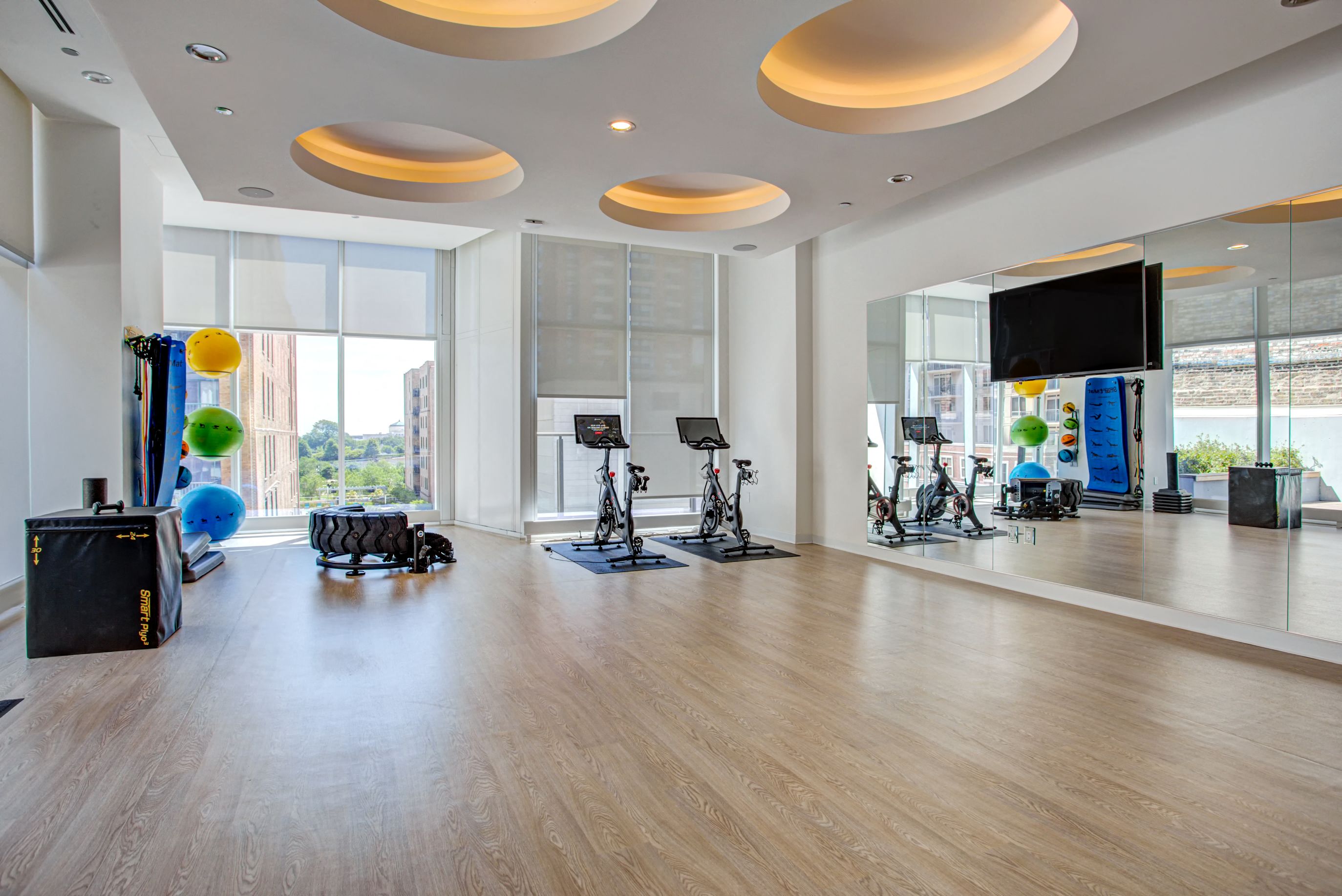 Yoga studio with Peloton bikes and other Fitness On Demand options at Eleven40, Illinois, 60605