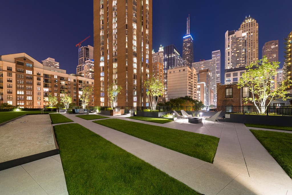 a view of the city skyline from a park at night
