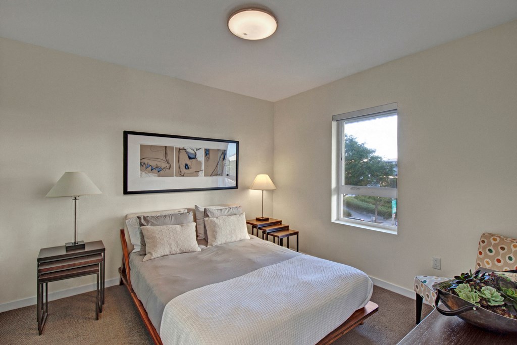 a bedroom with a large bed and a window