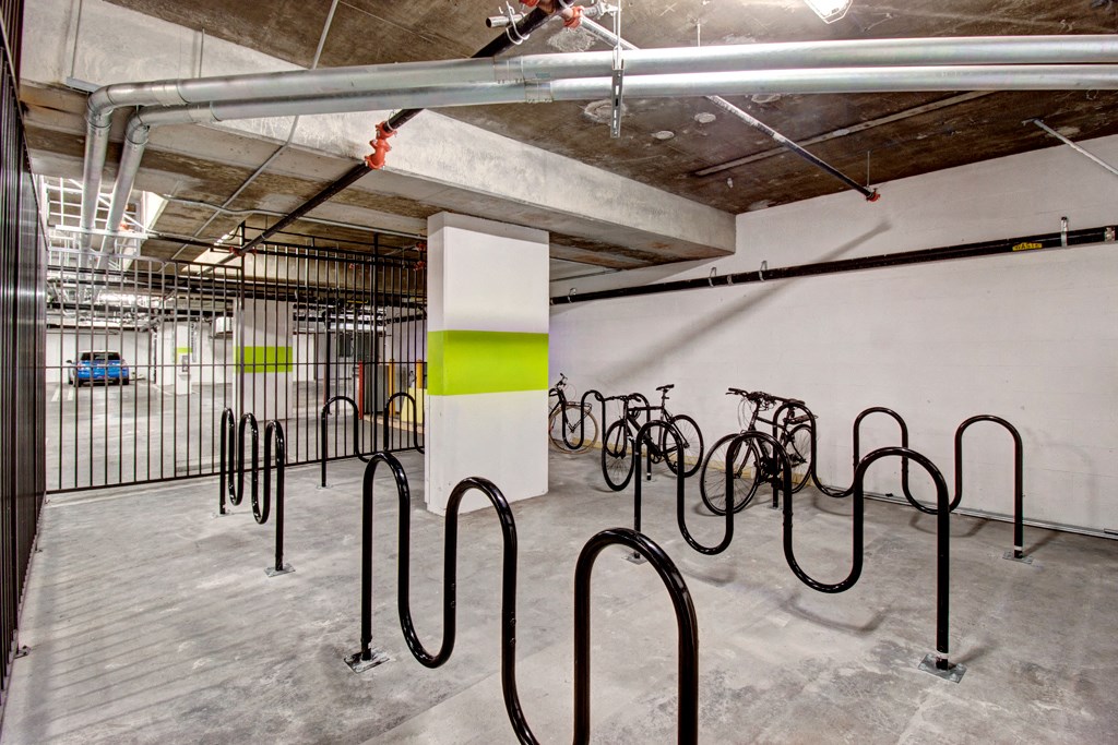 a group of bikes are lined up in a room