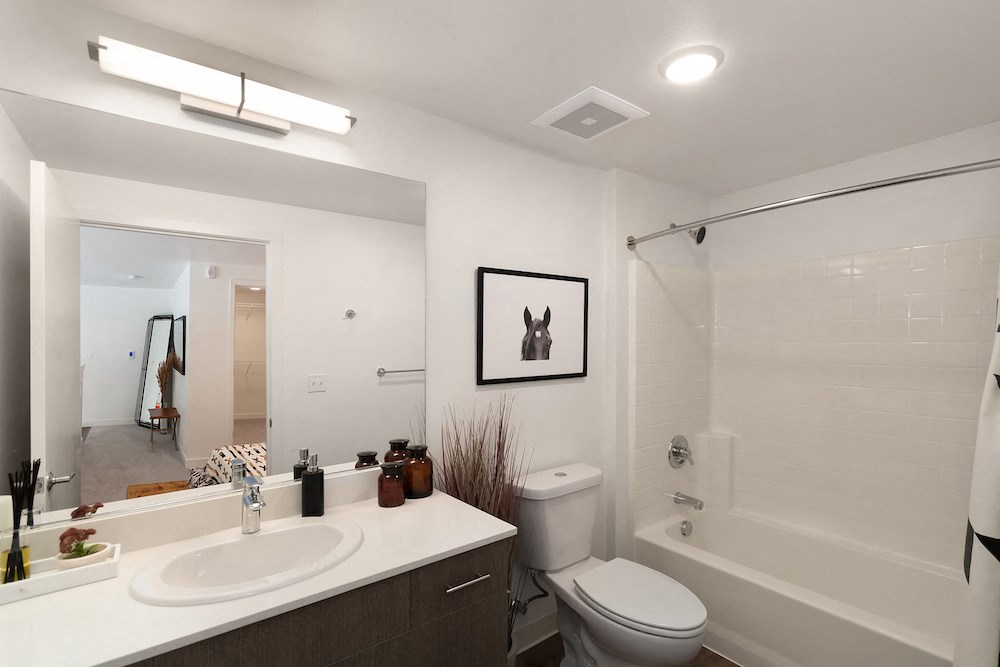 a bathroom with a sink toilet and shower and a mirror