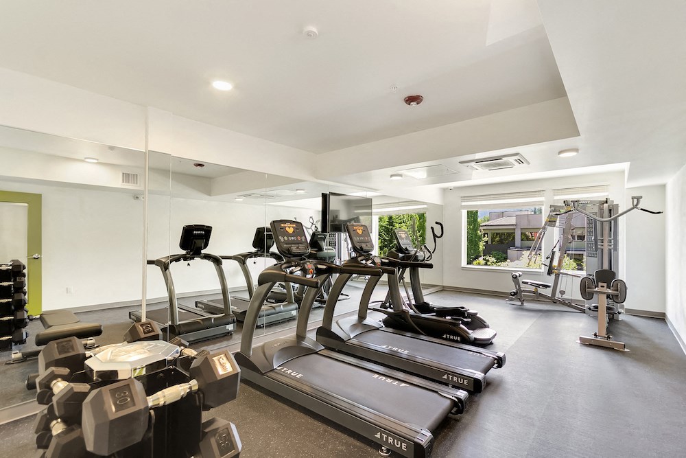 a gym with cardio equipment and a large window