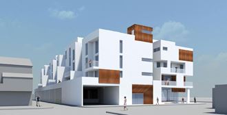 a rendering of a white building with wood accents