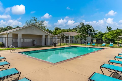 A swimming pool surrounded by sun loungers and a building in the background.