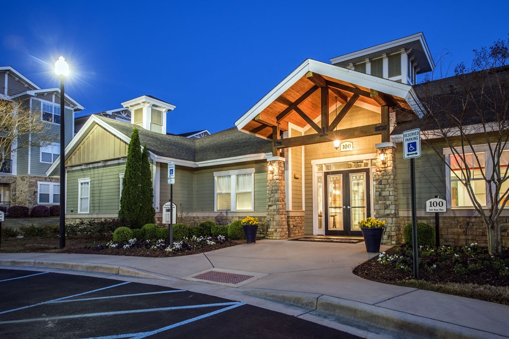 the lobbies at night at the preserve apartments