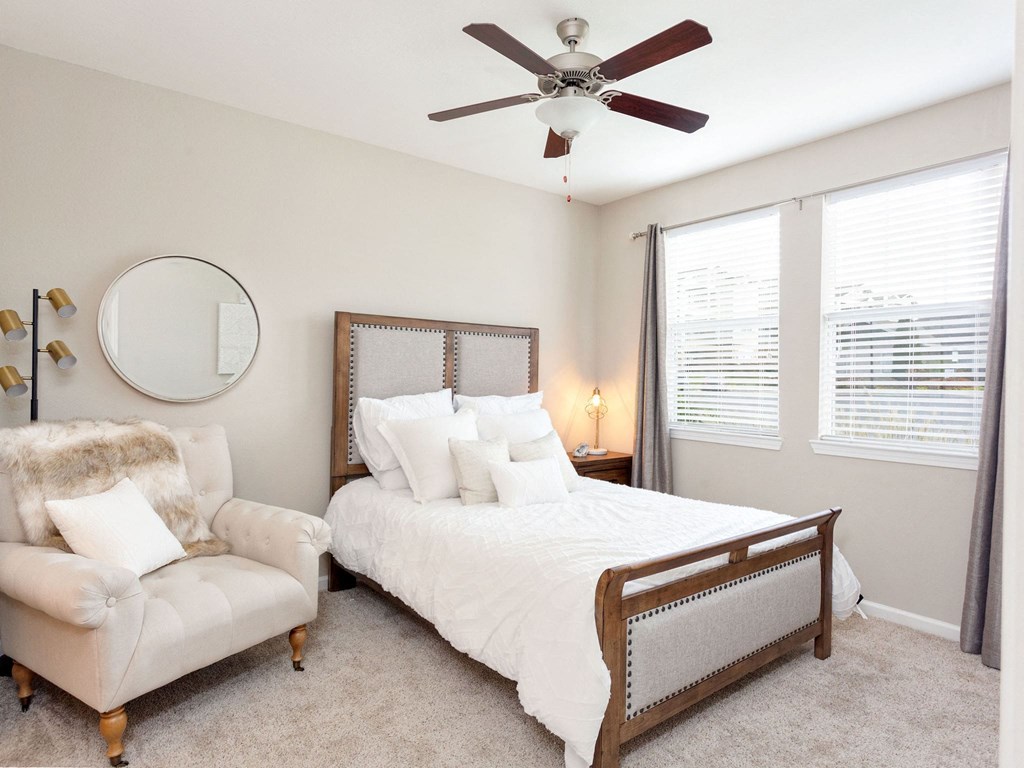 Two Bedroom Apartments in Madison AL - Arch Street - Bedroom with Plush Carpeting, Ceiling Fan & Large Window