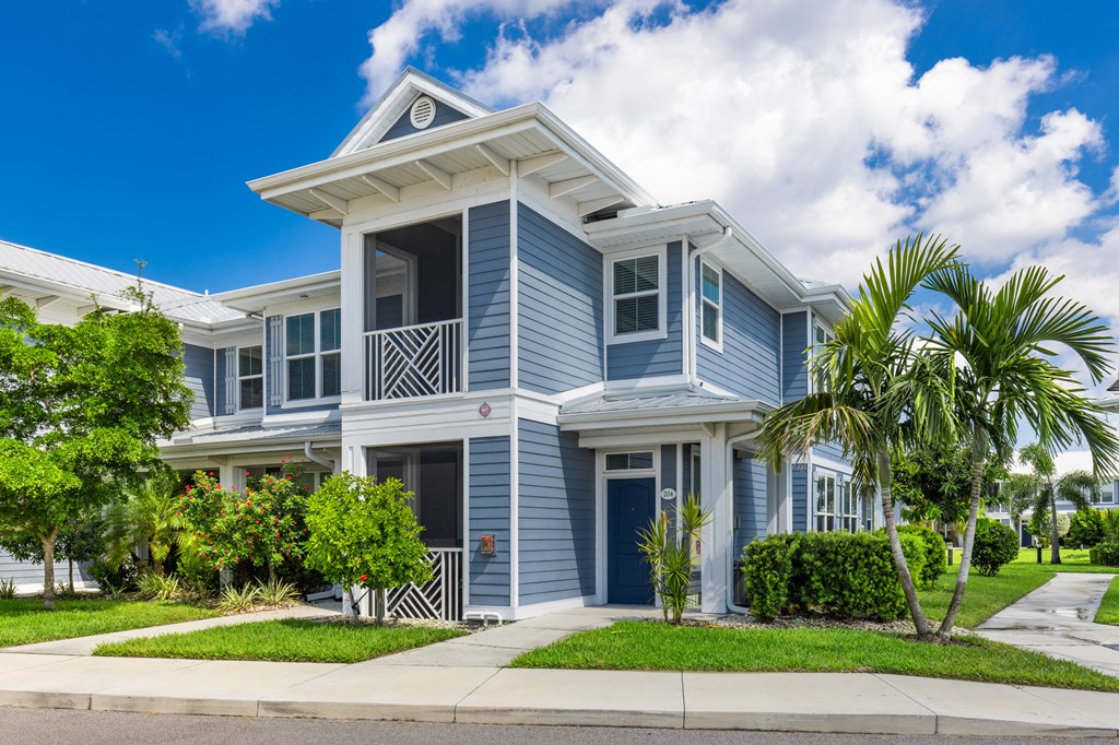 a blue house with a palm tree in front of it