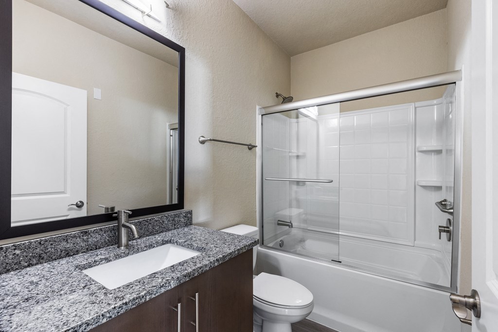 a bathroom with a shower sink and toilet and a mirror