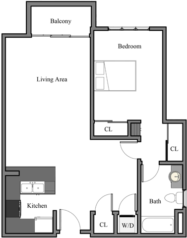 1 bedroom, 1 bathroom apartment floor plan