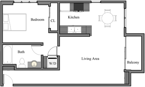 1 bedroom, 1 bathroom apartment floor plan