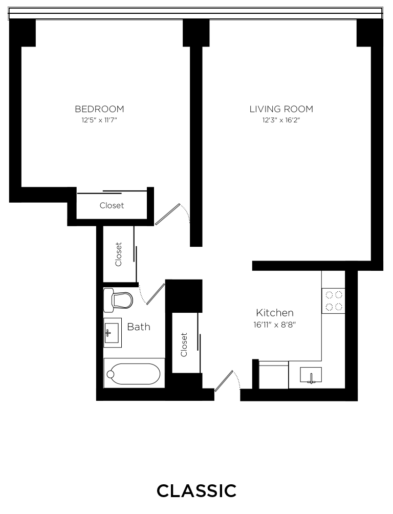 1 bed 1 bath 520sqft Floorplan, at Prairie Shores, Chicago, IL