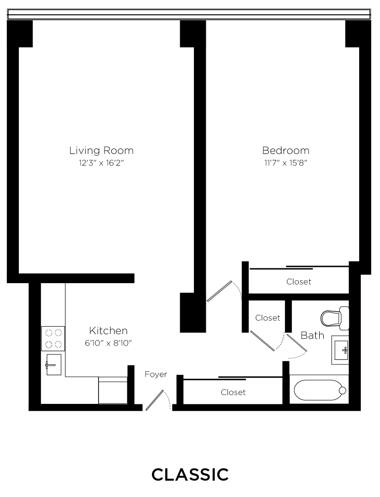 1 bed 1 bath 600sqft Floorplan, at Prairie Shores, Chicago, 60616
