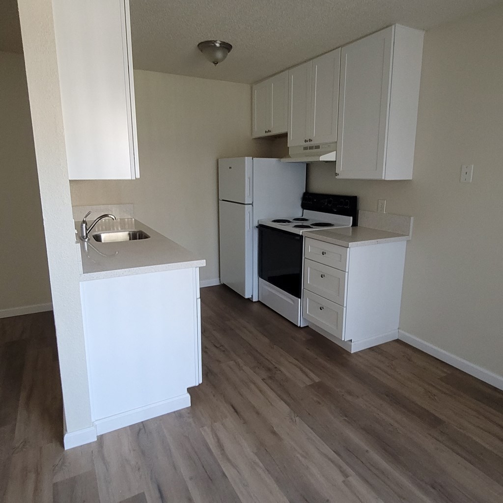 a kitchen with white cabinets and a stove and refrigerator