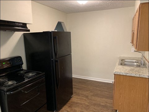 A black refrigerator is in a kitchen with a stove and sink.