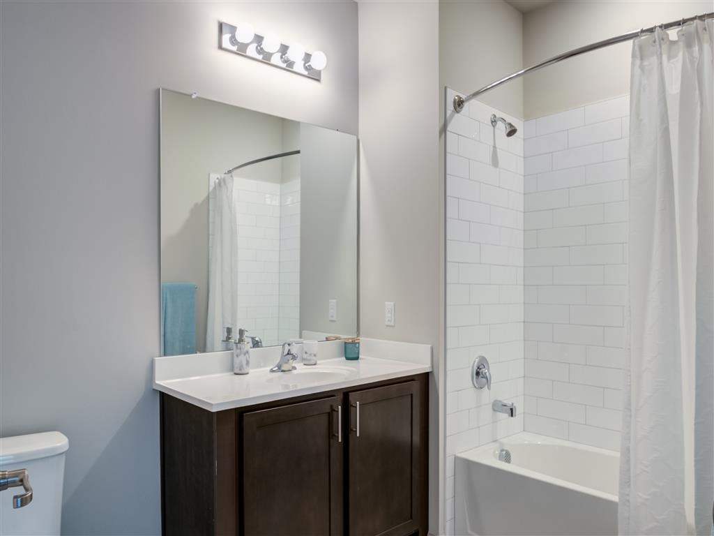 a bathroom with a sink and a shower and a mirror