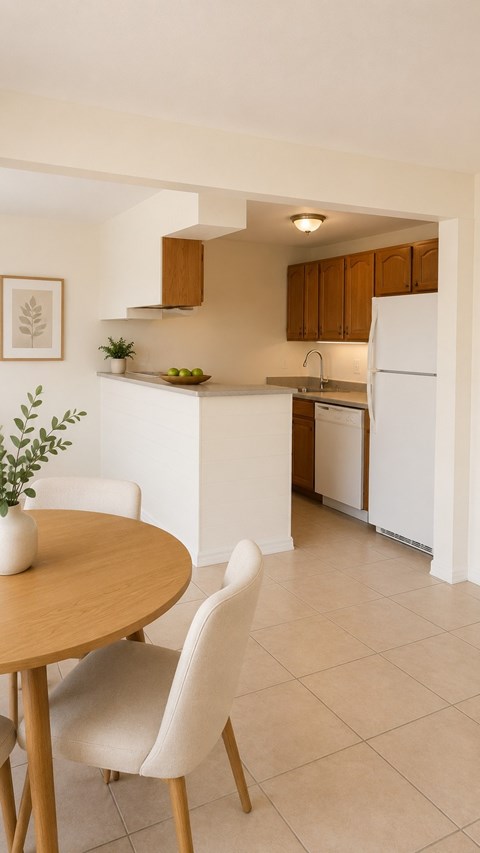 A kitchen with a table and chairs.