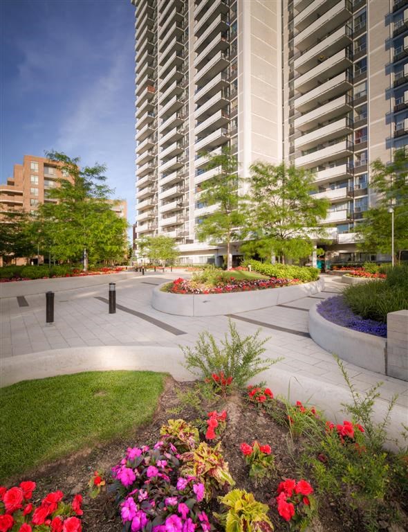 a park in front of a tall building