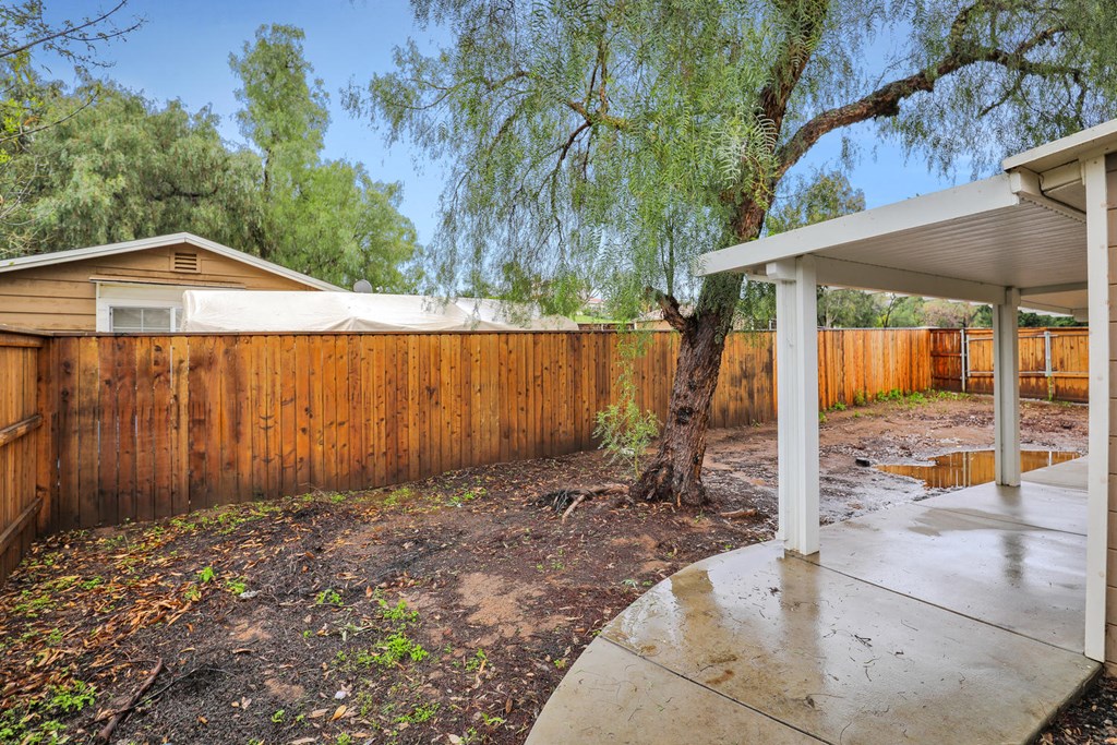 the backyard of a house with a tree and a wooden fence