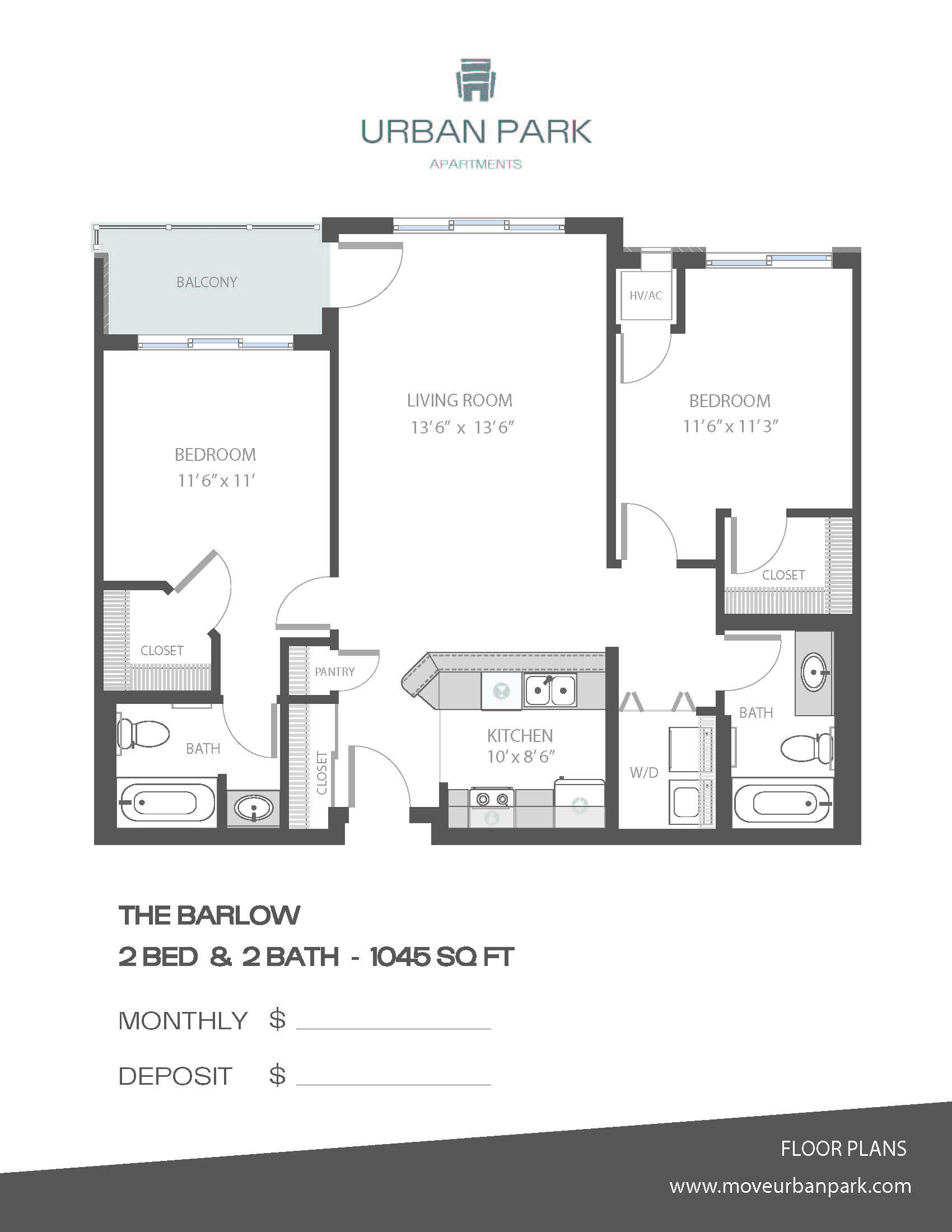 The Barlow 2 bedroom 2 bath floor plan 1045 square feet at Urban Park I and II Apartments, St Louis Park, Minnesota