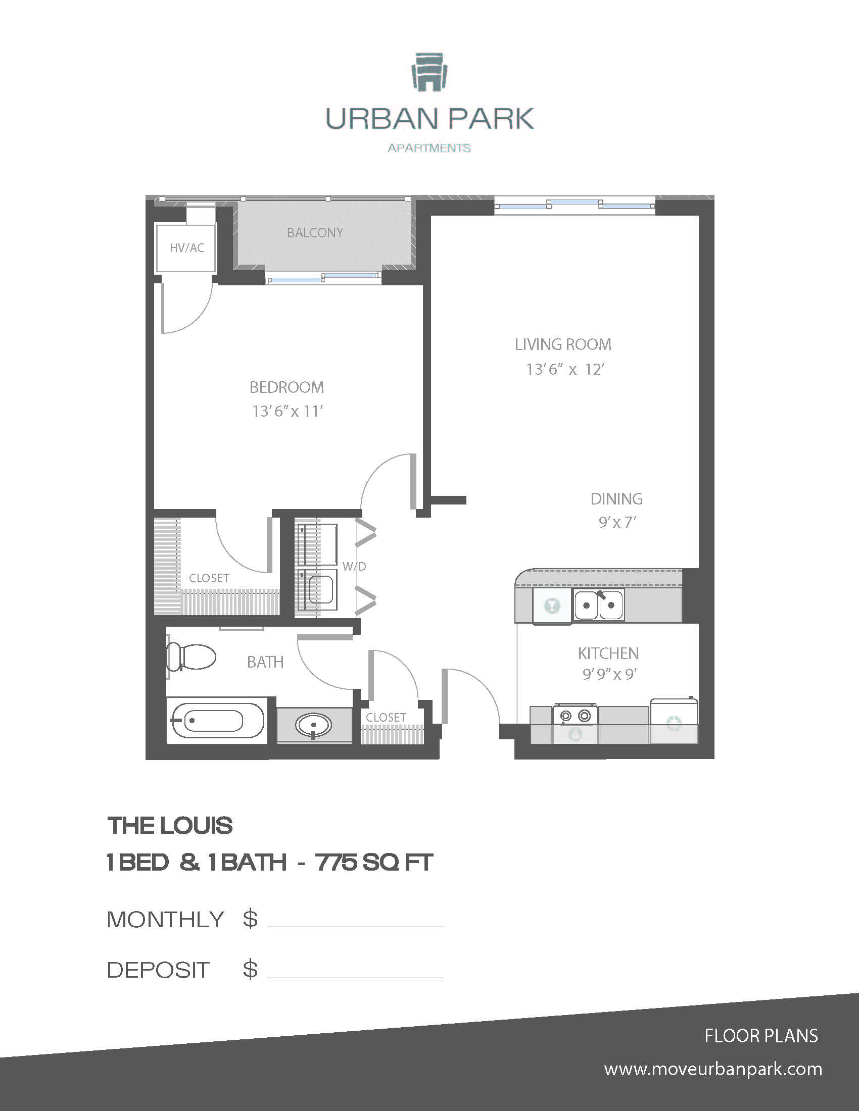 1 bed 1 bath floor plan B at Urban Park I and II Apartments, St Louis Park, MN