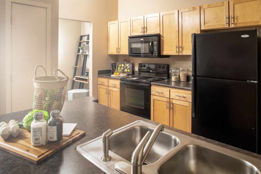 A kitchen with a black refrigerator, a black stove, and a black countertop.