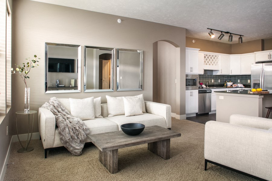 A modern living room with a white couch and a wooden coffee table.