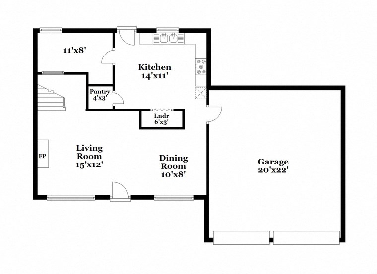 a floor plan of a house with a small kitchen and a living room