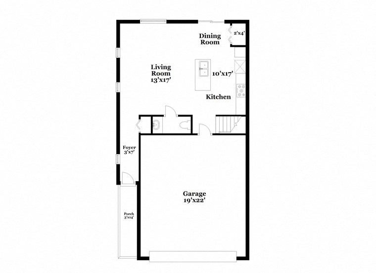 a floor plan of a house with a small kitchen and a living room