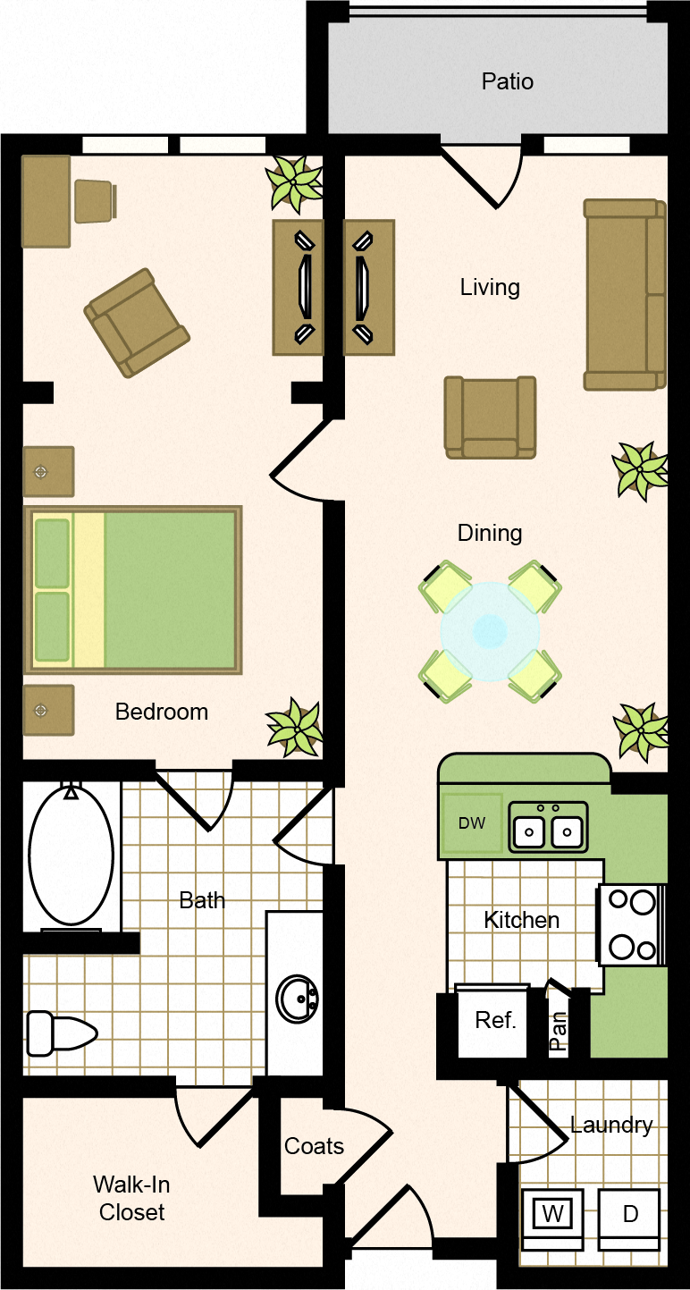 A5 – 1 Bedroom 1 Bath Floor Plan Layout – 984 Square Feet