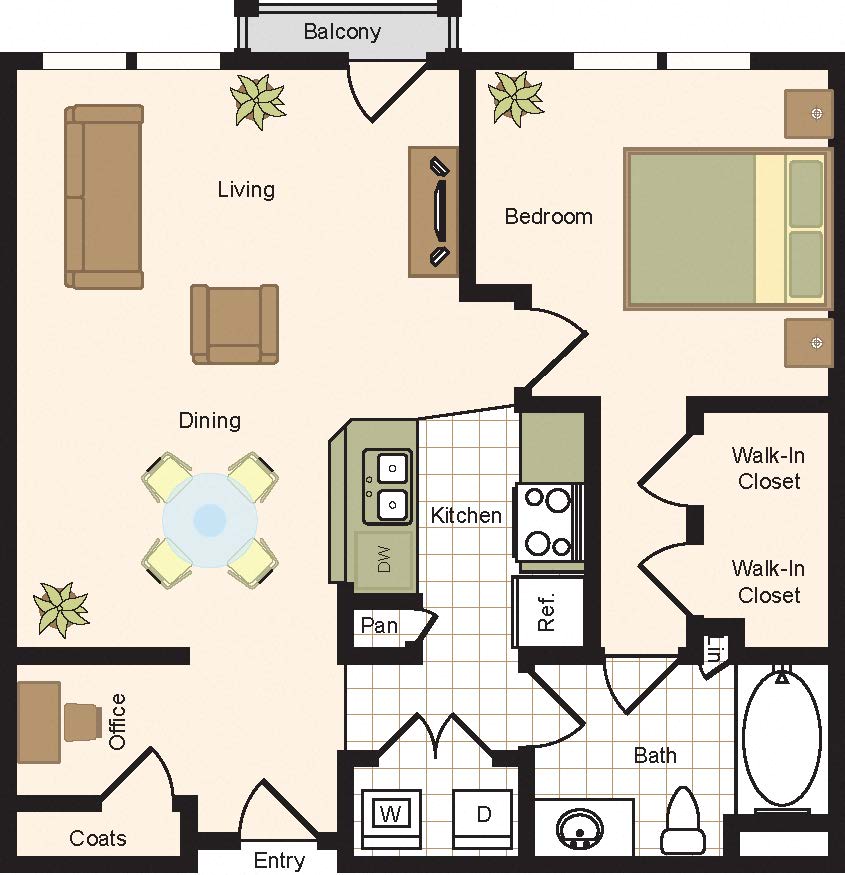 A6 – 1 Bedroom 1 Bath Floor Plan Layout – 1018 Square Feet