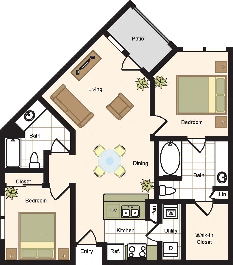 B1 – 2 Bedroom 2 Bath Floor Plan Layout – 1081 Square Feet