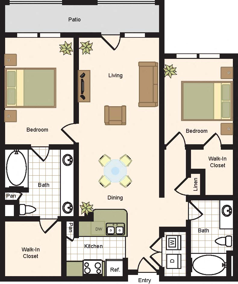 B2 - 2 Bedroom 2 Bath Floor Plan Layout - 1123 Square Feet