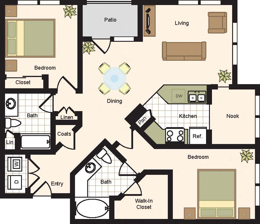 B4 with Nook - 2 Bedroom 2 Bath Floor Plan Layout - 1310 Square Feet