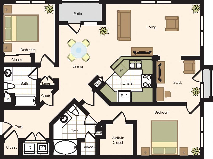 B6 with Study - 2 Bedroom 2 Bath Floor Plan Layout - 1481 Square Feet