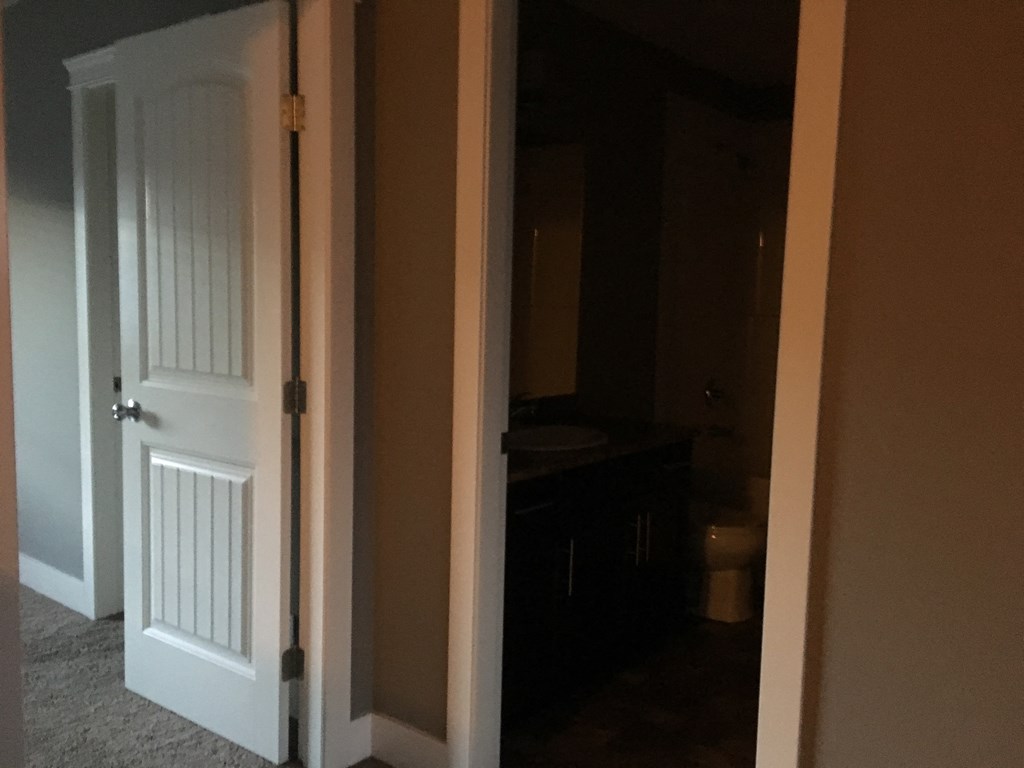 the door to the bathroom is open and the room is dark