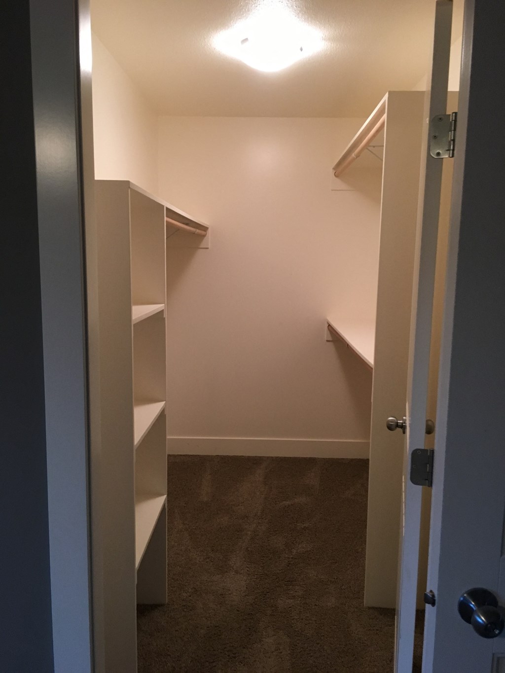 a walk in closet with shelves and a door