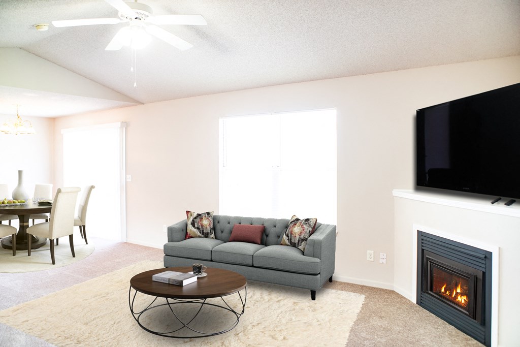 a living room with a couch and a fireplace and a tv